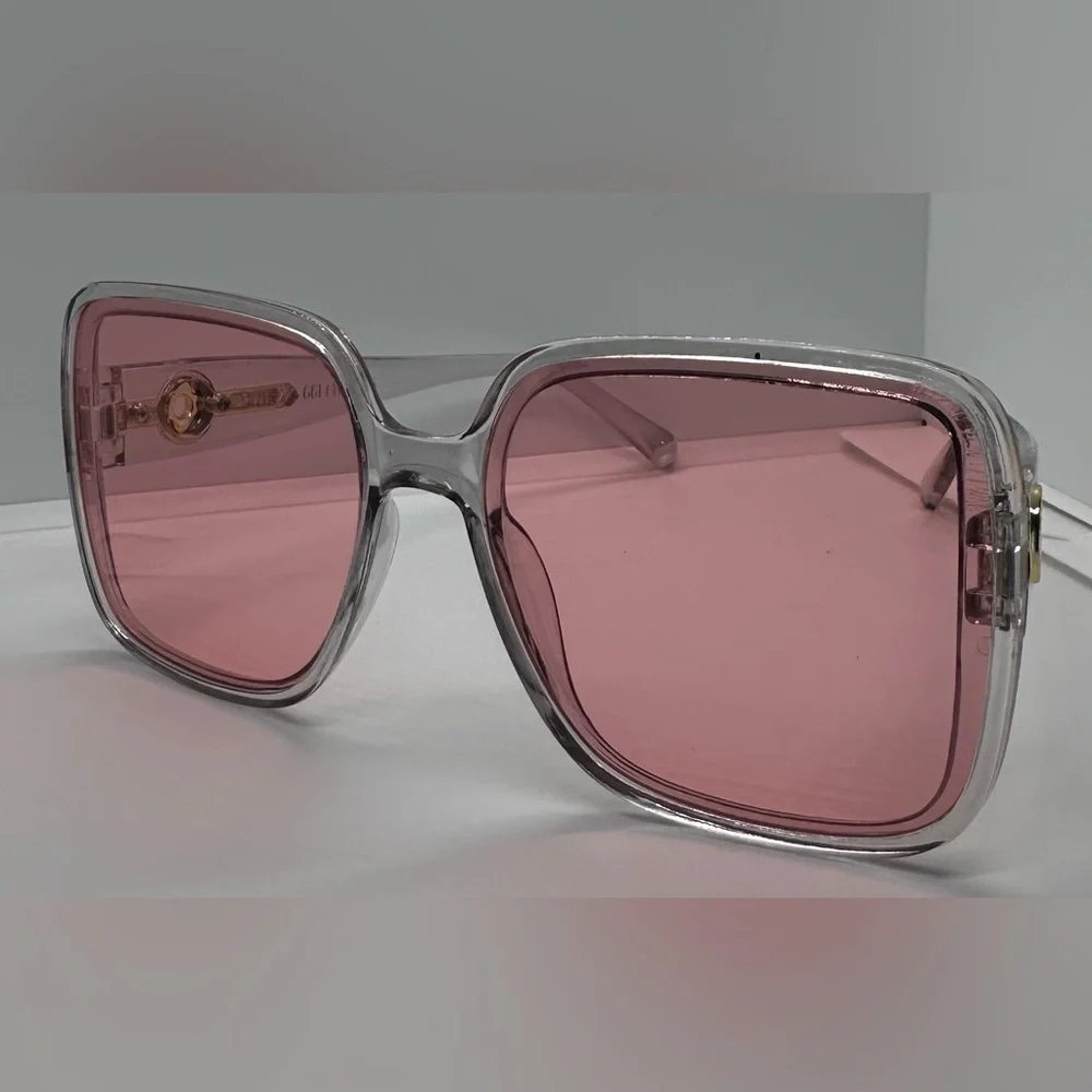 Oversized Square Sunglasses Gray Frame Pink Lens Gold DetailTrendy Fashion UV400
